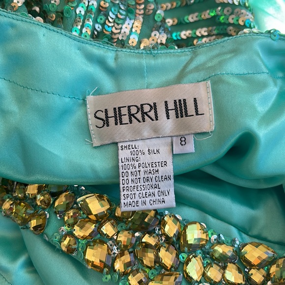 Size 8 Sherri Hill Teal Silk One-Shoulder Dress - Picture 9 of 9